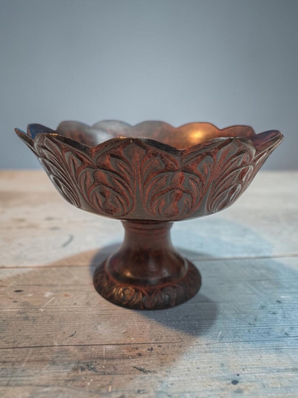Vintage Metal Scalloped Pedestal Bowl With Floral Design - Rustic Brown Finish